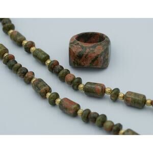 Unakite Beaded Necklace & Stone Ring Set Green Pink Brass Toggle Size 7